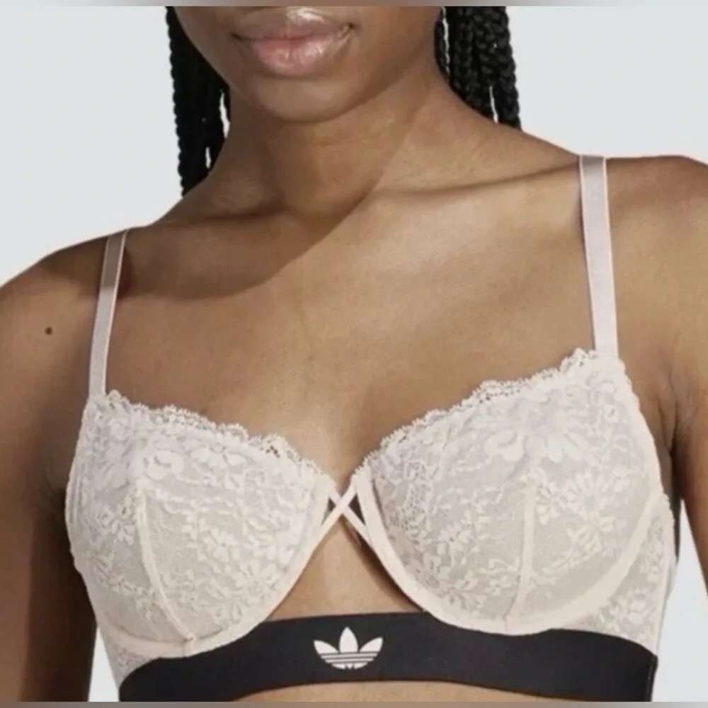 Adidas Logo Lace Demi Bra Peach Whip Pink Black Underwire 32A 4A1H25 NWT